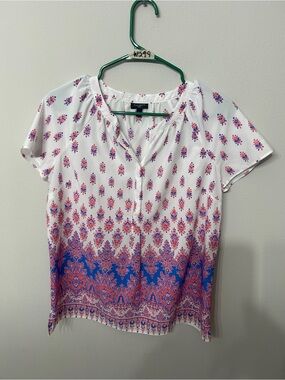 Women’s Talbots Petite White Floral Blouse Size SP Short Sleeve